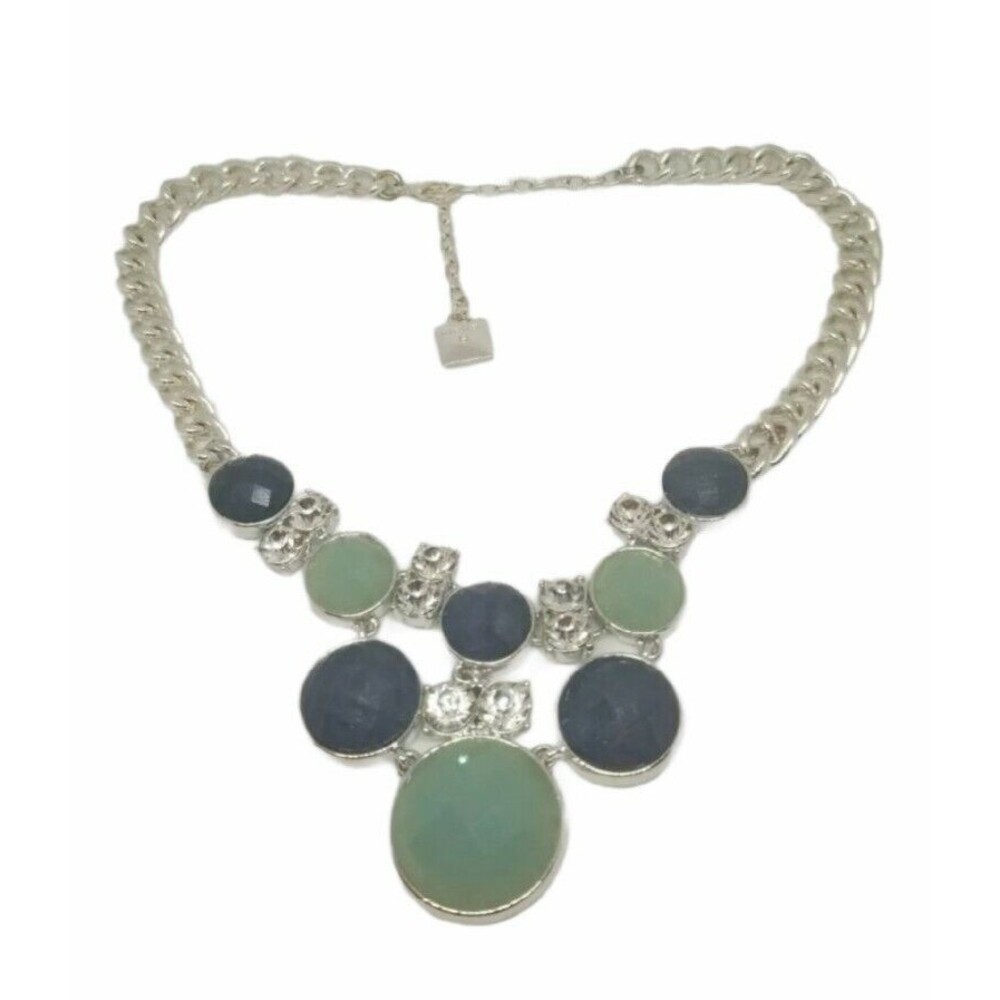Anne Klein Chunky Statement Necklace Silver Tone Chain Green Faceted Circles